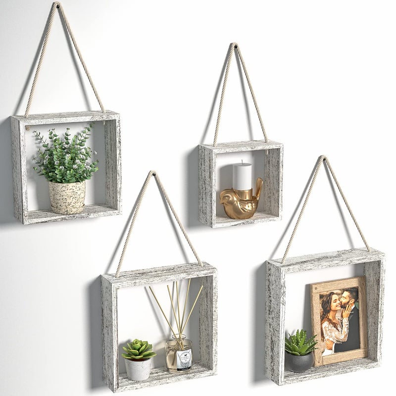 J JACKCUBE DESIGN Floating Hanging Square Shelves Wall Mounted Rustic Wood Cube Display Shelf Shadow Boxes Decorative Boho Home DÃ©cor for Living Room, Bedroom, Office, Set of 4 (White) - MK571C - Image 1